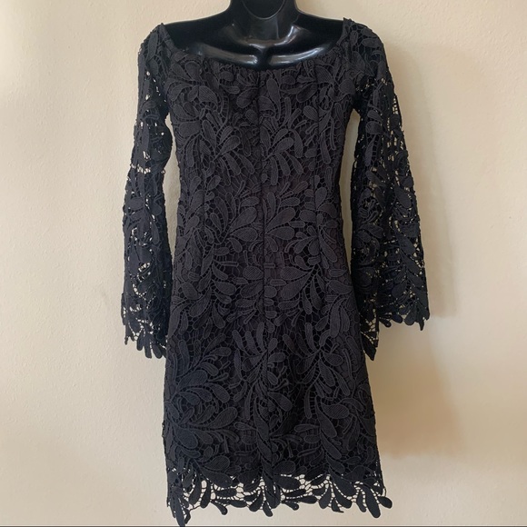 Bardot Black Lace Bell Sleeve Off Shoulder Mini Dress - Picture 10 of 12